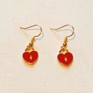 Gold Plated Red Enamel Keyhole Heart Earrings
